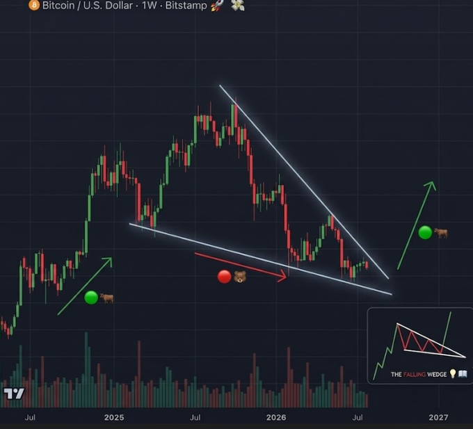 A Bitcoin/USD weekly chart (Bitstamp) shows BTC compressing inside a descending falling wedge pattern, with annotations indicating price must first sweep liquidity down to the $49K-$50K zone before rallying toward the $90K-$100K targets, labeled "THE FALLING WEDGE."