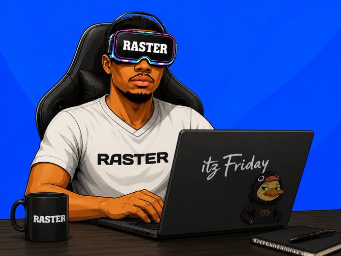 The image features a man sitting at a desk with his laptop open, wearing a virtual reality headset that reads "Raster". The background of the image is blue, which complements the man's attire. There are two books placed on the desk next to him and a coffee mug nearby. A keyboard can also be seen in front of the man, indicating he might be working or studying at his computer.