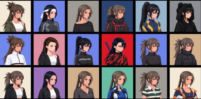 A grid of 18 anime-style female character portraits, each shown in different outfits and hairstyles against varied colored backgrounds.