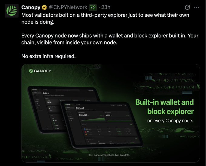 Tweet from Canopy (@CNPYNetwork) announcing that every Canopy node now ships with a built-in wallet and block explorer, featuring a promotional image highlighting 'Built-in wallet and block explorer on every Canopy node.'