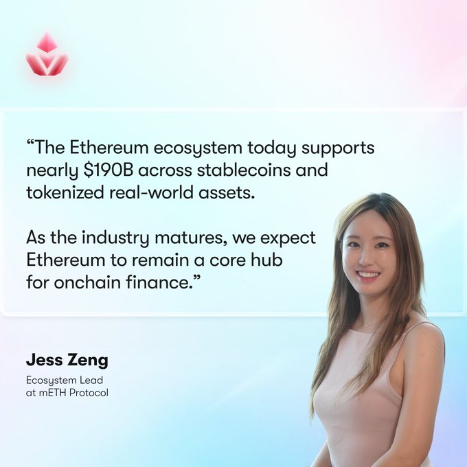 A graphic featuring a quote about Ethereum's $190B ecosystem from Jess Zeng, Ecosystem Lead at mETH Protocol, alongside her portrait.