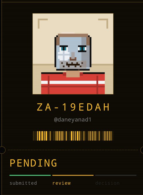 A digital ID card or profile screen displaying a pixel art avatar of a gray-skinned character with a mustache and red shirt, labeled 'ZA-19EDAH' with the handle '@daneyanad1' and a status showing 'PENDING' under 'review' between 'submitted' and 'decision' stages.