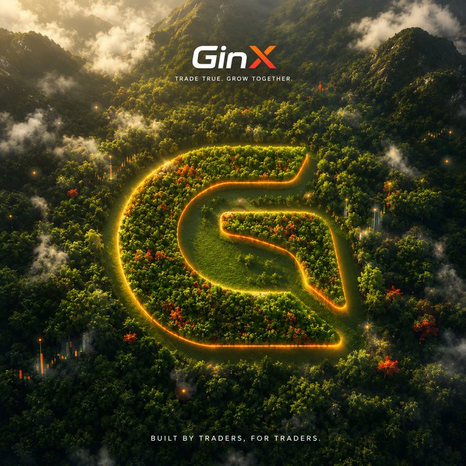 A promotional graphic for 'GinX' exchange features a glowing 'G' shape carved into a lush forest with the tagline 'TRADE TRUE. GROW TOGETHER.' and 'BUILT BY TRADERS, FOR TRADERS.'