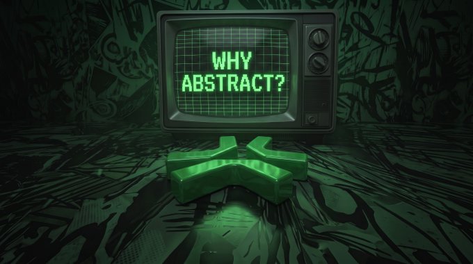 A retro CRT television displays the text 'WHY ABSTRACT?' in green pixelated letters, sitting above a glowing green 3D arrow on a graffiti-covered surface.