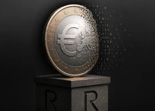 A digital artwork of a Euro coin on a pedestal, partially dissolving into binary code against a dark background.