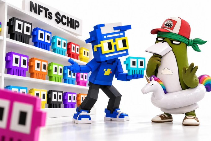 Two blocky, pixel-style NFT figurines stand in front of a shelf labeled "NFTs $CHIP," with one blue character holding a pixel phone and another green character wearing a "HAM" cap and inflatable unicorn ring.