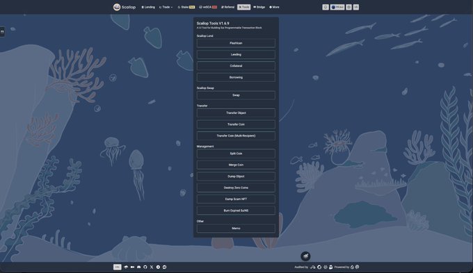 A ScalpUp Tools website page with a blue underwater-themed background, showing a directory listing shipbuilding vessels like Plutonium, Lindsay, Oakland, and Boroning, categorized into 'Author used', 'Swop', 'Transfer', 'Management', and 'Other'.