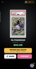 A graded PSA 10 Fai/Passimian Riftbound card is listed for $54.00 with "Instant Sell $49.50," shown in a mobile app interface alongside a 478-point indicator, tying into the user's excitement about receiving a free Riftbound pack from PullDot with its standout artwork.