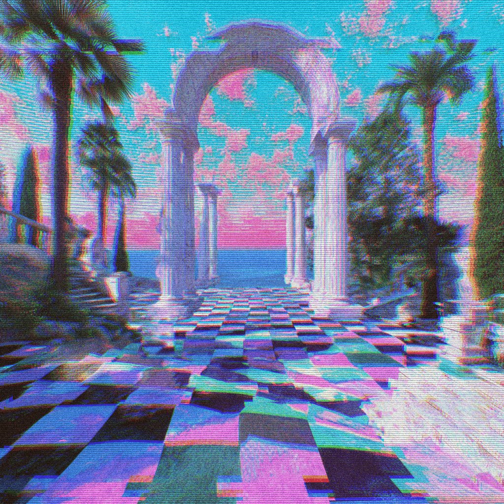 The image features a large archway with columns that leads towards an ocean view, creating a sense of depth and perspective. The archway appears to be made of stone or marble, adding an elegant touch to the scene. The sky above has a pinkish hue, which contrasts beautifully with the blue water below. The photo is taken from a low angle, making the archway appear grand and imposing.