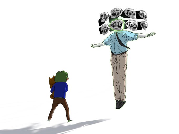 A digital drawing showing a small figure in a green hood facing a larger floating figure in a shirt and tie whose head is replaced by a cluster of troll faces.