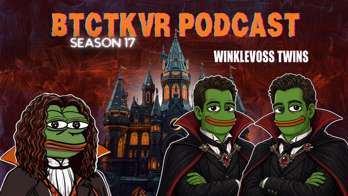 BTCTKVR Podcast Season 17 artwork featuring Pepe the Frog characters styled as vampires in front of a castle, labeled 'Winklevoss Twins.'