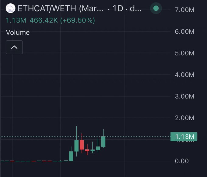 A daily volume chart for ETHCAT/WETH shows trading activity spiking to 1.13M WETH (+69.50%), illustrating the sudden surge in interest behind the $ETHCAT meme token pitched to Elon Musk as a feline counterpart to $DOGE.