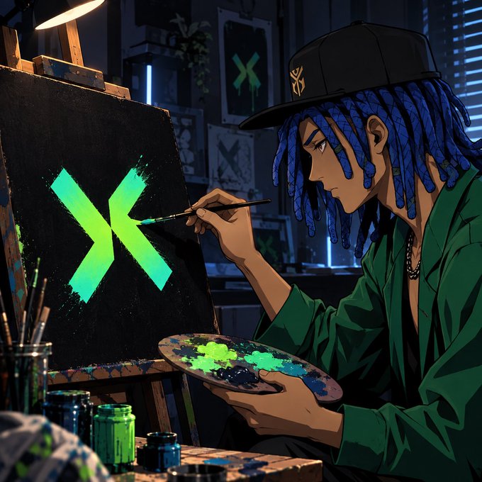 An anime-style illustration of a blue-haired artist painting a glowing green X logo on canvas, surrounded by paint supplies in a dim studio.