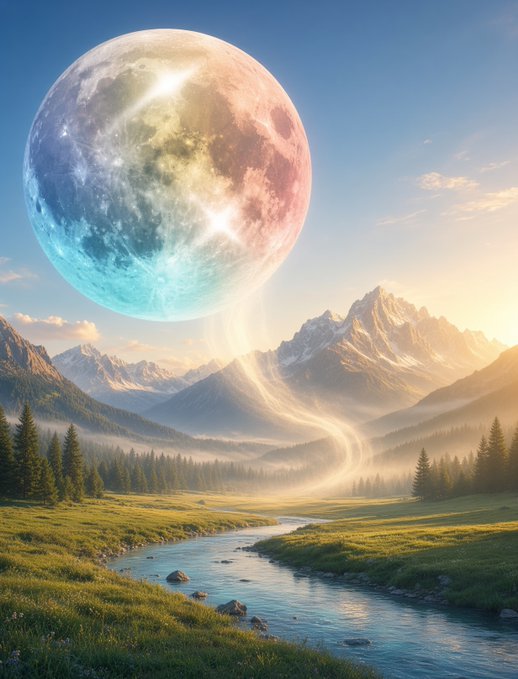A colossal, multicolored moon looms over a serene mountain valley, with a glowing stream of light flowing down from it to the river below, symbolizing the "world" theme of the $WORLD memecoin. The dreamlike landscape evokes the cosmic and otherworldly concept central to the token's name, while the connected text discusses the timing between the coin's launch on Pump.fun and World's first public tweet.