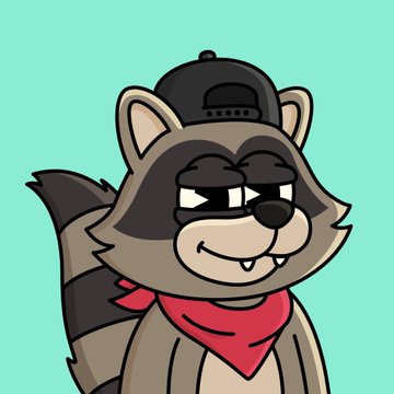 A cartoon drawing of a smiling raccoon wearing a backwards black baseball cap and a red bandana against a teal background.