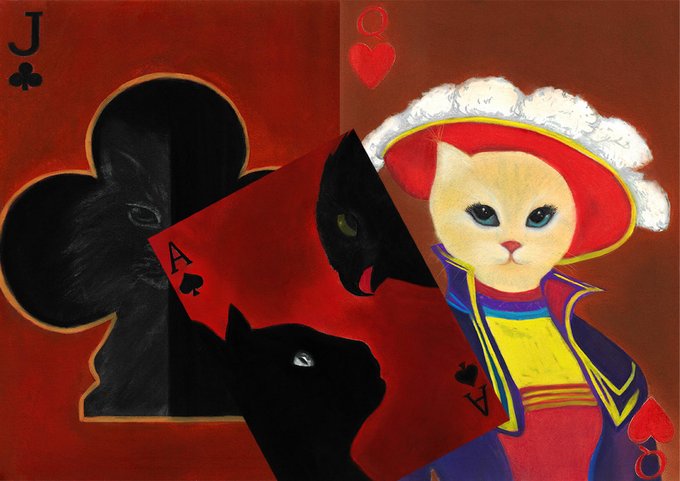 A painting featuring playing card motifs, showing a black cat within a club symbol on the left and a white cat dressed in royal attire on the right, with ace of spades and hearts visible.