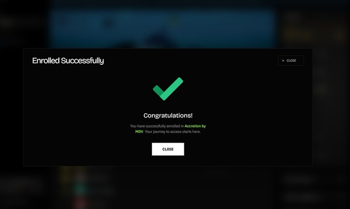 A confirmation screen displaying 'Enrolled Successfully' with a green checkmark, congratulating successful enrollment in 'Accretion by MDV'.
