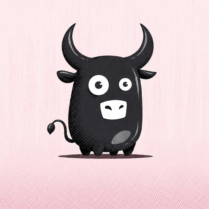 A cartoon illustration of a small, cute black bull with large horns and a halftone dot texture, standing against a pink background.