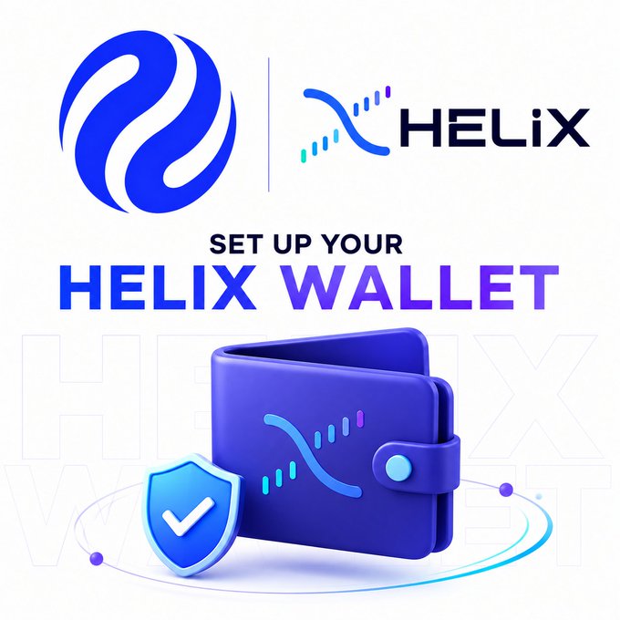 A promotional graphic with the text "SET UP YOUR HELIX WALLET" above a 3D rendering of a purple digital wallet with a blue security shield icon.