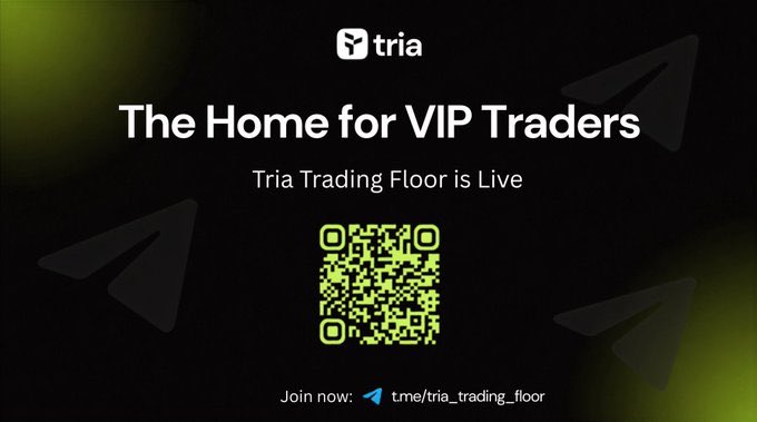 The image is a promotional graphic featuring the Tria logo on a dark background with paper plane motifs, announcing "The Home for VIP Traders" and "Tria Trading Floor is Live," alongside a QR code and the Telegram link t.me/tria_trading_floor. It serves as the visual announcement for the new Tria Trading Floor Telegram hub highlighted in the post, designed to attract active traders seeking VIP resources and updates.