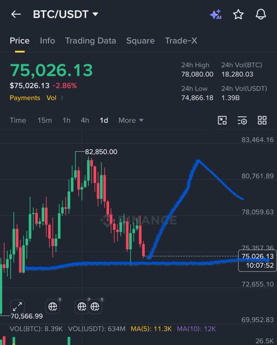 The image shows a chart with a blue line that appears to be fluctuating, indicating some sort of trading activity or fluctuations in cryptocurrency prices. The chart has two distinct curves, one red representing higher values, and another green representing lower values. This information could suggest that someone is trying to predict the future movement of Bitcoin or other cryptocurrencies based on their past patterns and trends observed in the chart.