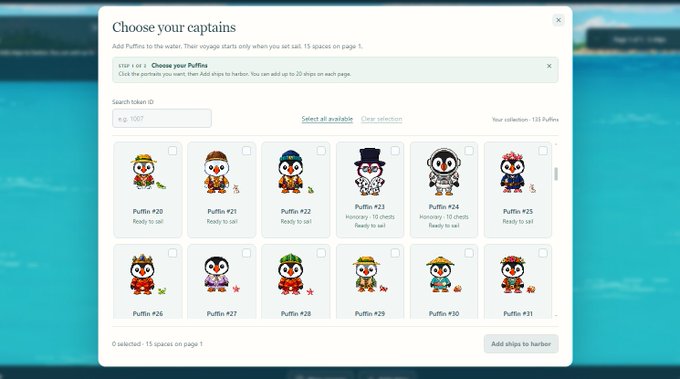 A screenshot of a 'Choose your captains' selection interface featuring penguin-like 'Puffin' NFT characters (Puffin #20-#31) with most marked 'Ready to sail' except #23, which is 'Honoring 156 days'.