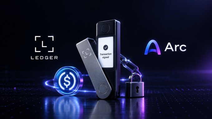 Promotional graphic showing Ledger hardware wallets alongside the Arc logo, featuring a glowing dollar coin and a padlock symbolizing secure crypto storage, with the device screen reading 'Transaction signed'.