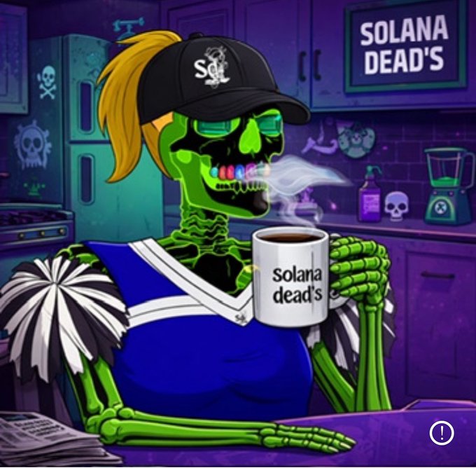 A cartoon/illustrated image of a green skeleton cheerleader wearing a black 'SOL' cap and blue uniform, holding a coffee mug labeled 'solana dead's' in a kitchen setting with a 'SOLANA DEAD'S' sign on the wall.