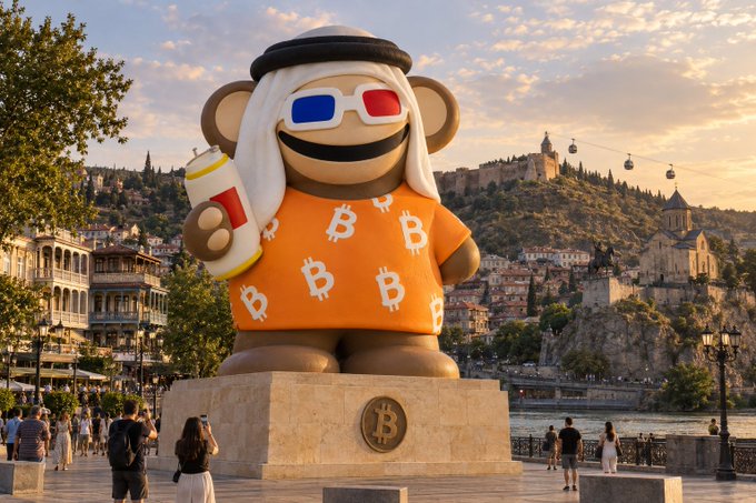 A large statue of a monkey character wearing an orange Bitcoin-patterned shirt, 3D glasses, and a black beret, holding a soda cup, displayed in a plaza setting with European-style buildings and hills in the background.