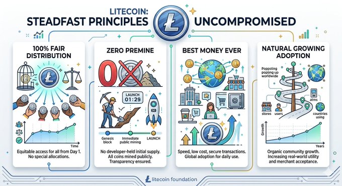 The image features a white background with four interconnected illustrations that detail four "Steadfast Principles". Each of these illustrations shows a person, symbolizing one of the principles. One of the illustrations includes a woman holding a small rocket ship which indicates the first principle of Steadfastness is about pursuing an idea or action despite the challenges. The other three illustrations depict different aspects of the second, third and fourth principles. These principles cover various aspects like fair distribution (with two people having coins), no compromises (two people not compromising with each other) and how to grow money (one person growing money while another is still stuck).