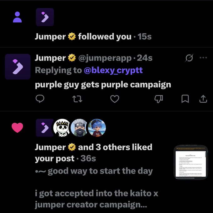 Twitter/X notifications showing that 'Jumper' (verified) followed the user, replied '@blexy_crypttt purple guy gets purple campaign', and that 3 others liked the post about being accepted into the Kaito x Jumper creator campaign.