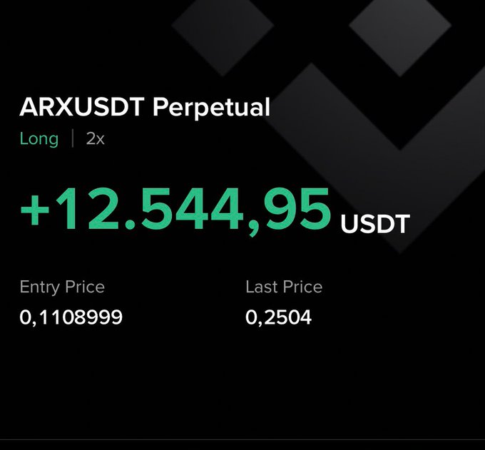 A trading interface shows an 'ARXUSDT Perpetual' long position with 2x leverage showing a profit of +12,544,95 USDT, with entry price 0,1108999 and last price 0,2504.