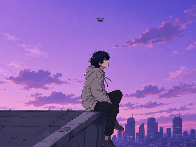 An anime-style illustration of a young person with dark hair sitting on a rooftop ledge, looking out at a city skyline under a purple and pink sunset sky with a small drone hovering above.