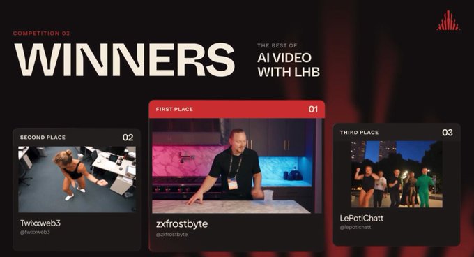 A graphic titled 'WINNERS' for 'COMPETITION 03: THE BEST OF AI VIDEO WITH LHB,' displaying three winners: First Place 'zxfrostbyte' (@zxfrostbyte), Second Place 'Twixxweb3' (@twixxweb3), and Third Place 'LePotiChatt' (@lepotichatt).