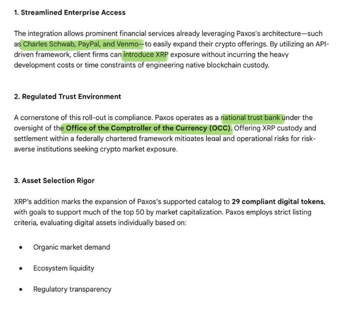 A document discussing Paxos's integration for crypto offerings, highlighting financial services like Charles Schwab, PayPal, and Venmo, and noting compliance with the Office of the Comptroller of the Currency (OCC) for XRP custody.