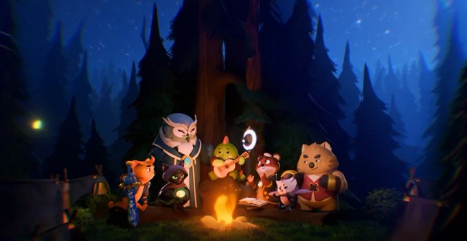 An animated nighttime forest scene shows various anthropomorphic animal characters gathered around a campfire playing instruments.