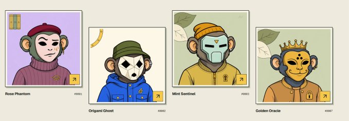Four character cards for BAYC-related NFTs are displayed, including 'Rose Phantom', 'Origami Ghost', 'Mint Sentinel', and 'Golden Oracle'.