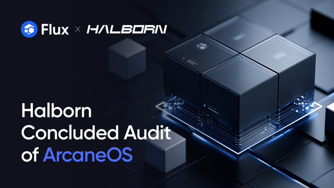 The image features a black and white photo of a cube-shaped device with four sides, surrounded by blue cubes. The text "HALBORN CONCLUDED AUDIT OF ARCAANEOS" is written below the image. This suggests that the device has been thoroughly audited for security purposes.