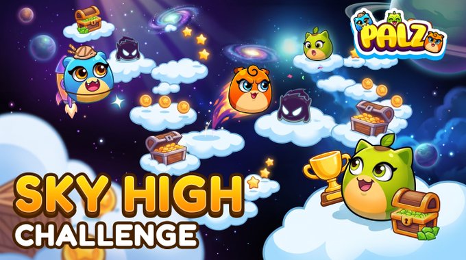 The image promotes a "Sky High Challenge" in the game "PALZ," featuring cartoon animal characters launching into a starry, space-themed sky among treasure chests, coins, and clouds—visually reinforcing the post's invitation for the first 10 players to hit a target number of 654 for a chance to win 60 $ONT.