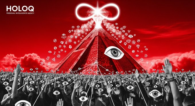 Surreal red-toned image with "HOLOQ PERSONAL INTELLIGENCE AGENCY" text in the corner, showing a crowd of people with eyes on their hands reaching toward a central pyramid structure with a large eye and an infinity symbol glowing at the top.