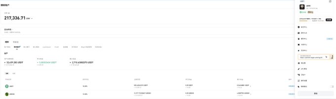 A cryptocurrency portfolio dashboard showing a total balance of 217,336.71 USDT with various assets listed including BTC and ETH, displayed in what appears to be Chinese.