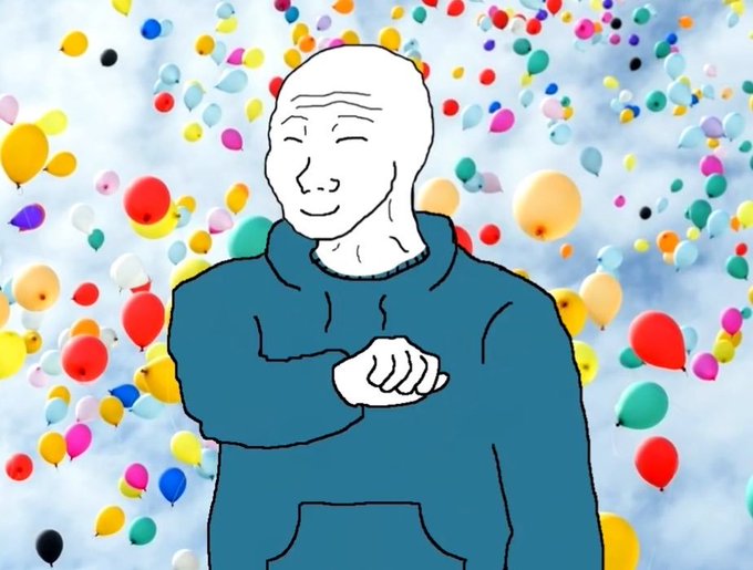 A Wojak-style cartoon character in a blue hoodie with hands clasped, standing against a backdrop of colorful floating balloons.