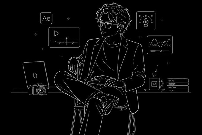 A line-art illustration of a person with glasses sitting with a laptop and camera, surrounded by Adobe After Effects (Ae) icons and creative tools on a black background.