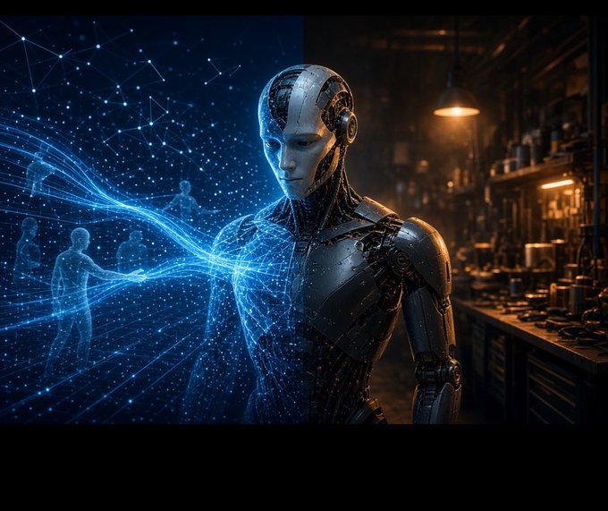 A humanoid robot with exposed mechanical components stands in a dimly lit workshop, while glowing blue digital silhouettes and data streams emerge from its chest, symbolizing how physical AI is trained through collective human trajectories rather than confined to a lab. The image visually reinforces the post's message about Axis Robotics bridging simulation and real-world learning via decentralized contributions.