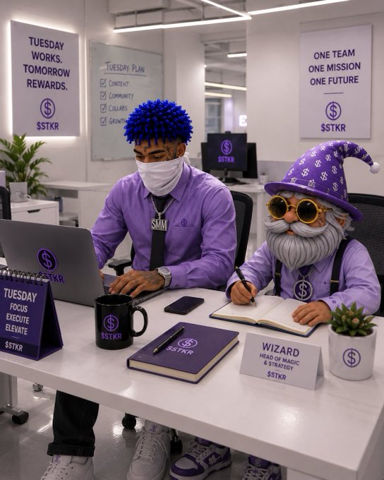 Surreal office scene with a person in a blue spiky mask and purple shirt working on a laptop beside a gnome figure labeled 'WIZARD HEAD OF MAGIC & STRATEGY,' with wall signs reading 'TUESDAY WORKS. TOMORROW REWARDS.' and 'ONE TEAM ONE MISSION ONE FUTURE.'