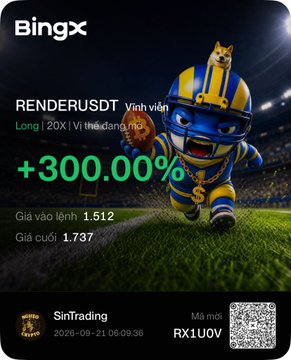 A BingX promotional graphic featuring a Shiba Inu mascot in football gear, advertising a '+300.00%' return for 'RENDERUSDT' with a copy trading invite code 'RX1UOV'.