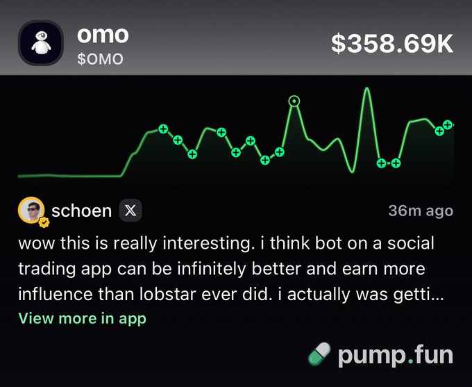 A pump.fun app screenshot showing the 'omo' ($OMO) token at a market cap of $358.69K, with a partial post by user 'schoen'.