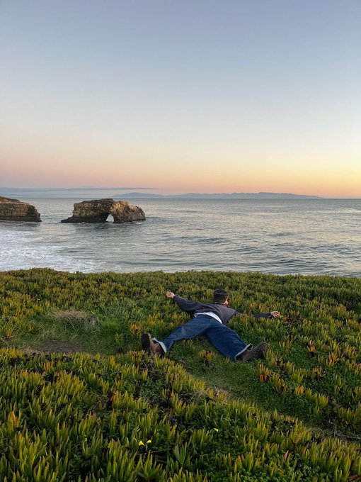 A person wearing a hat lies on their back in a field of green succulent plants, with their arms outstretched, overlooking a calm ocean with a rock arch and distant mountains under a soft sunset sky.