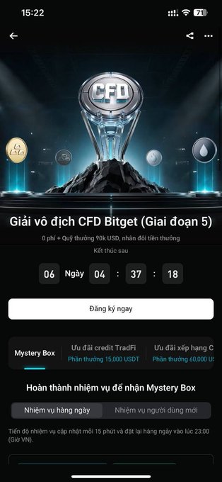 The image features a smartphone screen with a lot of text displayed, including information about an event happening on another continent. The title of this event reads "Futures Trading Box". There are three bullet points provided, each representing different terms related to trading, such as CFD (Currency Futures Trading), Bitget (CFD), and CFD Championship. Additionally, the image shows a screenshot with a coin in the center and coins scattered around it. The content of this post is likely to be informative or encouraging for those interested in learning about futures trading, CFD, or a similar financial instrument.