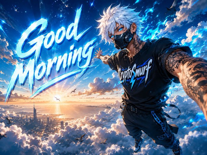 A stylized anime-style character with white hair, tattoos, and a mask flies through clouds above a city sunrise, wearing a black "CryptoSmurf" shirt, with bold "Good Morning" text in blue script across the sky—perfectly complementing the post's "Gmmmm" greeting and credit to artist @Sadiqjhussaini0.